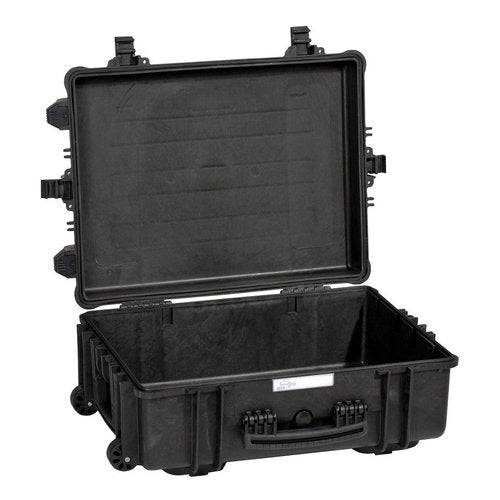The Explorer 5823 is a black waterproof hard-shell case with secure latches, removable foam interior, handle, and wheels for easy transport.