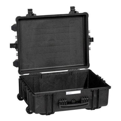 The Explorer 5823 is a black waterproof hard-shell case with secure latches, removable foam interior, handle, and wheels for easy transport.