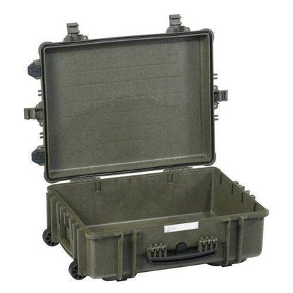 The Explorer 5823 is a large, hard-shell olive green waterproof case with an open lid, foam interior, secure latches, a handle, and wheels for easy transport.