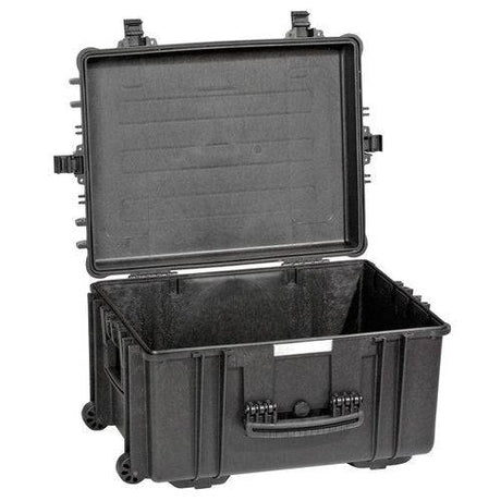 The Explorer 5833 is a black, hard-shell waterproof case with wheels, handle, side latches, an open lid, and a custom foam interior—ideal for safe equipment transport and storage.