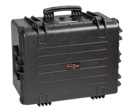 The Explorer 5833 is a black hard-shell waterproof case with a handle, sturdy latches, custom foam interior, ribbed design, and "Explorer" label on the front.