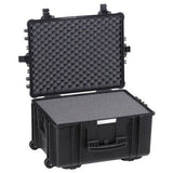 The Explorer 5833, a black waterproof case with custom foam interior, is shown open and features a handle and wheels for easy transport.