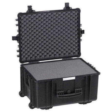 The Explorer 5833, a black waterproof case with custom foam interior, is shown open and features a handle and wheels for easy transport.