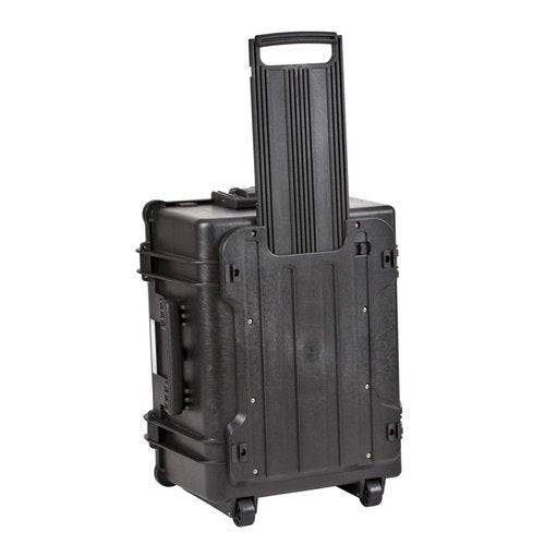 The Explorer 5833 is a black hard-shell rolling case with a telescoping handle, shown upright on its wheels, and features a custom foam interior for enhanced protection.
