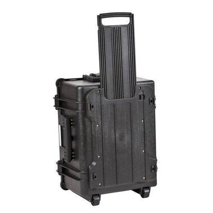 The Explorer 5833 is a black hard-shell rolling case with a telescoping handle, shown upright on its wheels, and features a custom foam interior for enhanced protection.