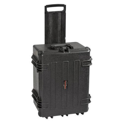 The Explorer 5833 is a black hard-shell rolling waterproof case with a retractable handle, reinforced corners, secure latches, and a custom foam interior for extra protection.