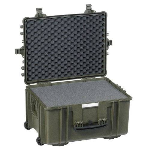 The Explorer 5833 is a hard-shell, olive green waterproof case with an open lid, custom foam interior, corrosion-proof exterior, handle, and is designed for safe equipment transport.