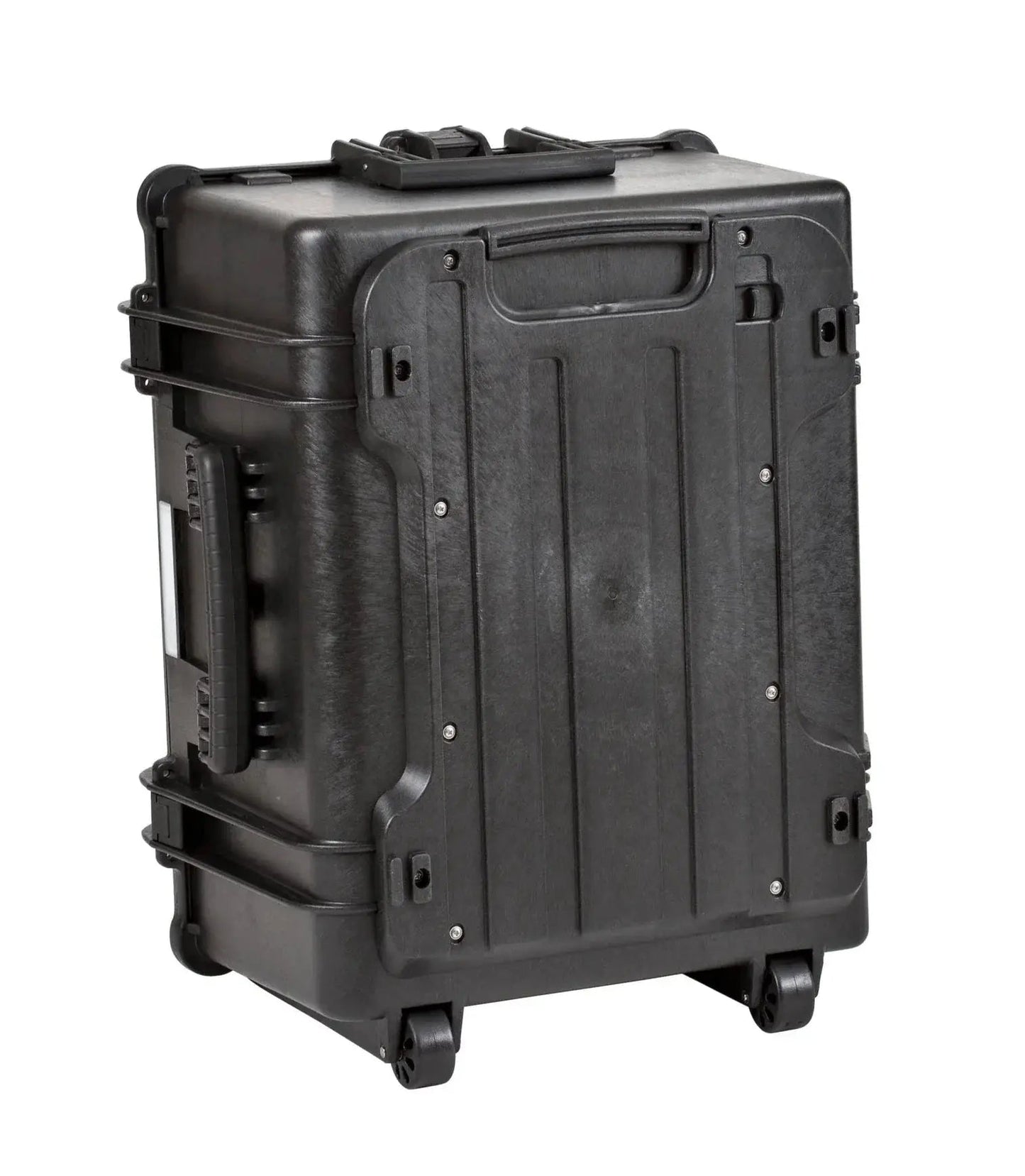 The Explorer 5833 is a black hard-shell rolling suitcase featuring top and side handles, a ridged surface, bottom wheels, and a custom foam interior for enhanced protection.