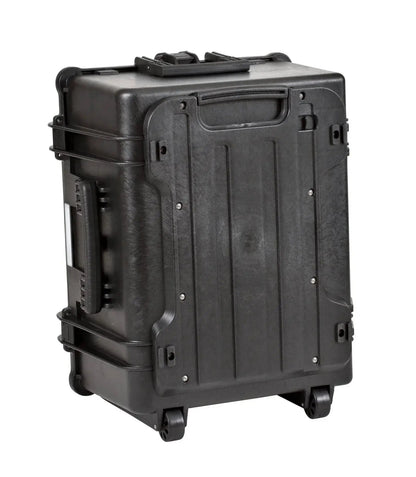 The Explorer 5833 is a black hard-shell rolling suitcase featuring top and side handles, a ridged surface, bottom wheels, and a custom foam interior for enhanced protection.