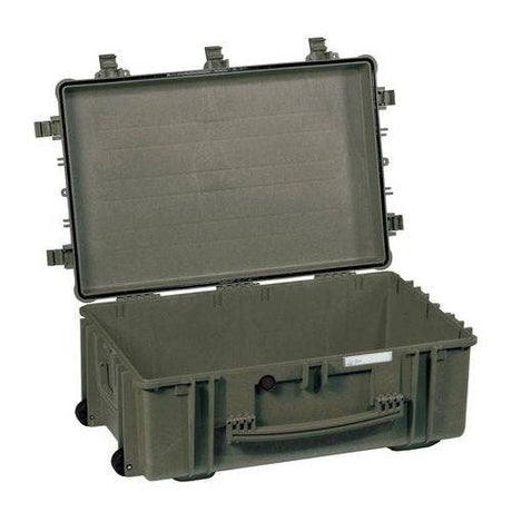 The Explorer 7630, a large olive green waterproof case, is open to show its empty interior. It features a sturdy handle, secure latches, and accommodates customizable foam to protect your valuables.