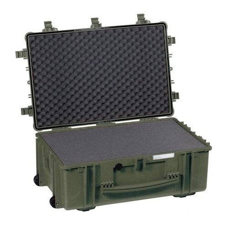 The Explorer 7630 is a large, hard-shell waterproof case with an open lid, customizable foam interior, and wheels for easy transport.