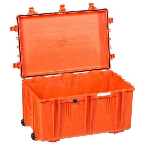 The Explorer 7641 is a large, open orange plastic storage case with wheels, side handles, stainless steel reinforced frame, upright lid, spacious empty interior, and a waterproof label for clear marking of contents.