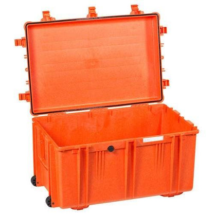 The Explorer 7641 is a large, open orange plastic storage case with wheels, side handles, stainless steel reinforced frame, upright lid, spacious empty interior, and a waterproof label for clear marking of contents.