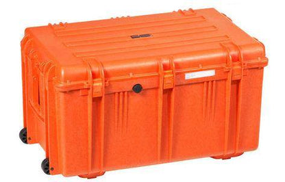 The Explorer 7641 is a large, durable orange plastic storage case featuring stainless steel-reinforced edges, side handles, wheels, secure latches, and a waterproof label.