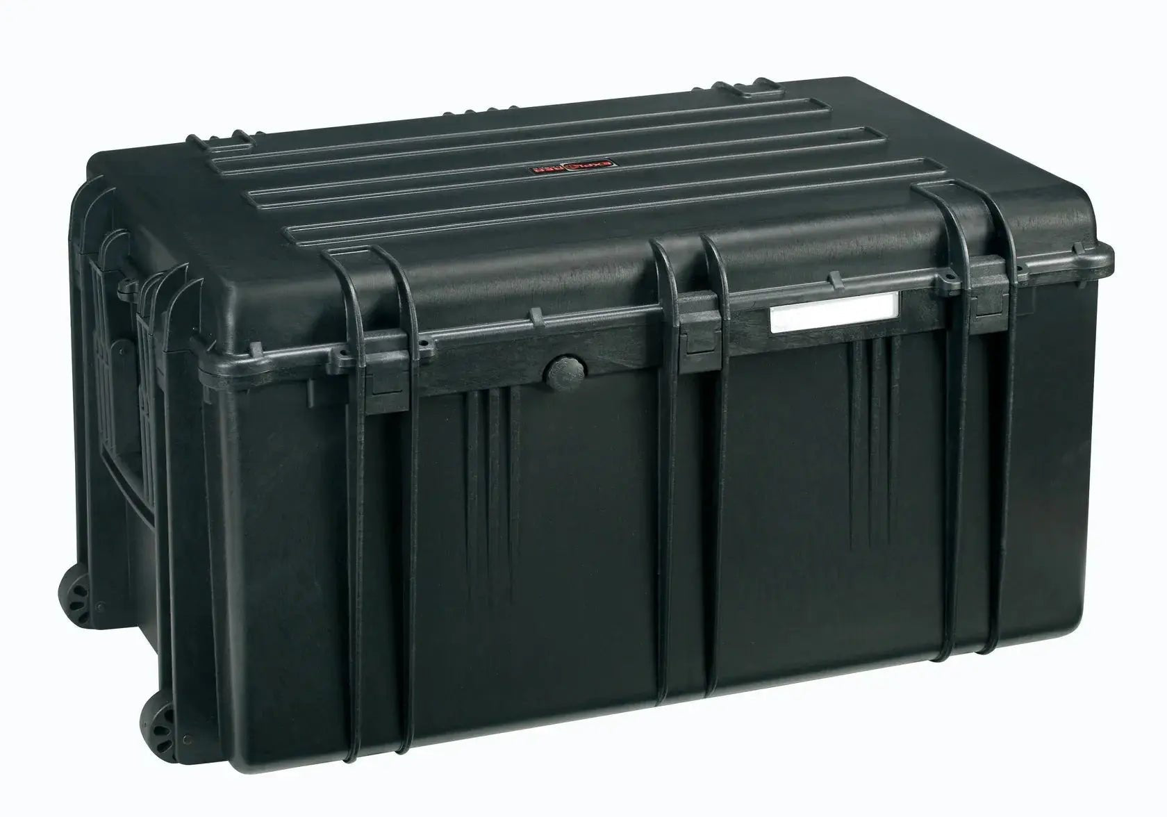 The Explorer 7641 is a large, black, hard plastic corrosion-proof case with reinforced corners, horizontal grooves, side handles, two wheels on the bottom right, and a waterproof label for secure identification.