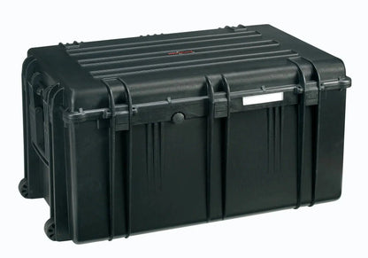 The Explorer 7641 is a large, black, hard plastic corrosion-proof case with reinforced corners, horizontal grooves, side handles, two wheels on the bottom right, and a waterproof label for secure identification.