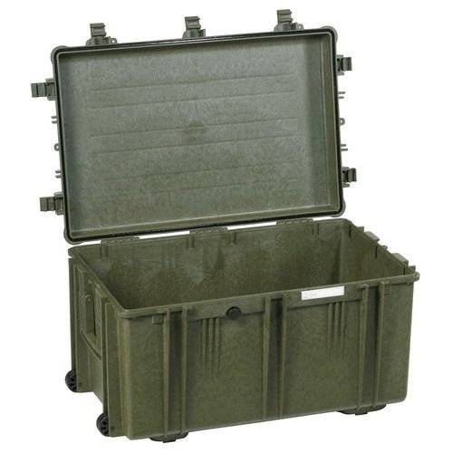 The Explorer 7641 is an empty olive green hard plastic storage case with a hinged lid open, showcasing a spacious interior and stainless steel reinforced edges for extra durability.