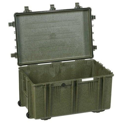 The Explorer 7641 is an empty olive green hard plastic storage case with a hinged lid open, showcasing a spacious interior and stainless steel reinforced edges for extra durability.