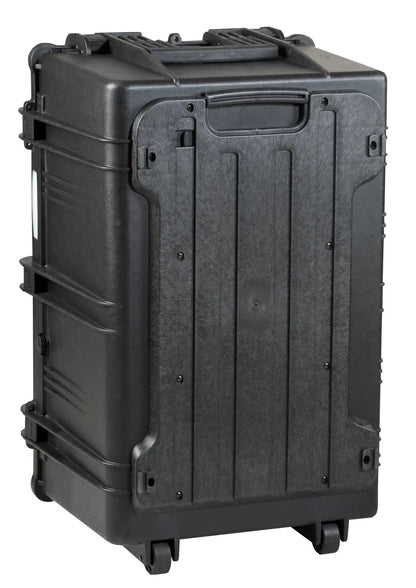 The Explorer 7641, a large black hard-shell rolling case with stainless steel-reinforced corners, waterproof label, side handles, and wheels, is shown standing upright.