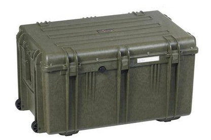 The Explorer 7641 is a large, olive-green hard plastic storage case with stainless steel reinforced edges, latches, a waterproof label slot, and transport wheels.