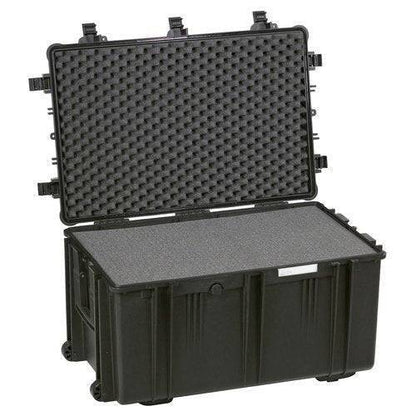 The Explorer 7641 is a large black hard-shell corrosion-proof case with an open hinged lid, interior foam padding for secure storage and transport, a waterproof label, and stainless steel reinforced corners for extra durability.