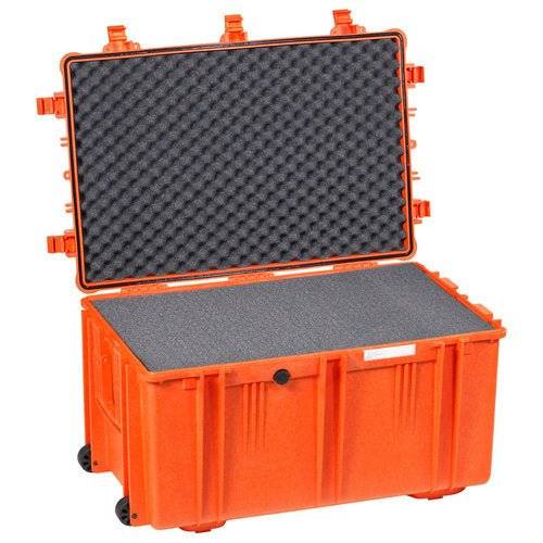 The Explorer 7641 is an orange hard plastic protective case with a hinged lid, interior foam padding, a waterproof label, and stainless steel reinforced design for extra durability.