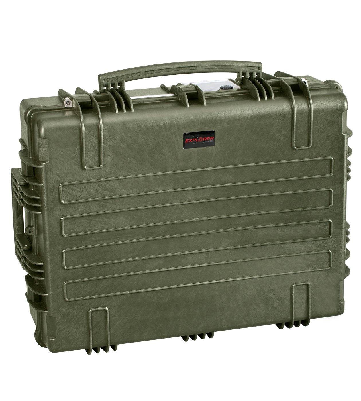 The Explorer 7726 is an olive green polypropylene case with a handle, ribbed design, and secure latches, perfect for equipment transport. Shown closed and upright.