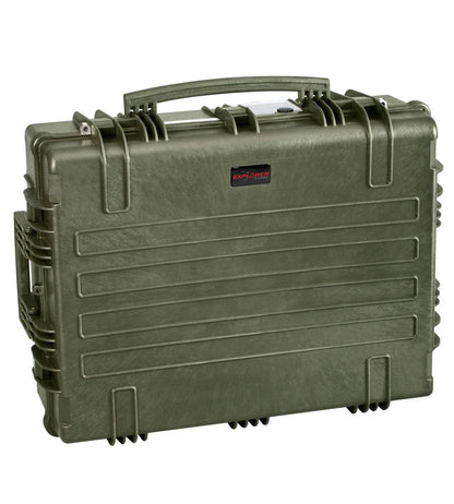 The Explorer 7726 is an olive green polypropylene case with a handle, ribbed design, and secure latches, perfect for equipment transport. Shown closed and upright.