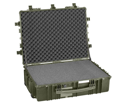 The Explorer 7726 is a hard-shell polypropylene case with an open lid, featuring foam padding on the top and bottom interior—perfect for transporting equipment.
