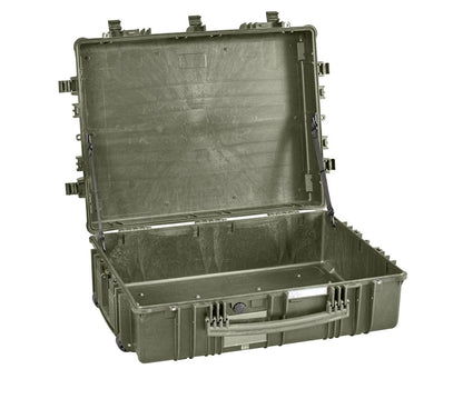 The Explorer 7726 is a large, open, hard-shell green polypropylene case with latches, a handle, and an empty interior—ideal for equipment transportation.