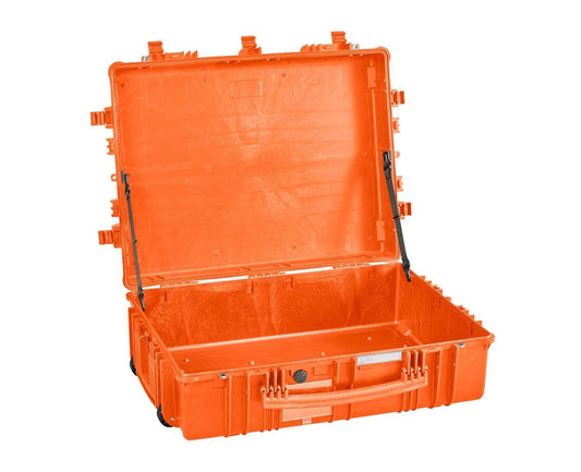 The Explorer 7726 is an open, empty orange polypropylene case with handle and latches, shown on a white background—ideal for secure equipment transportation.
