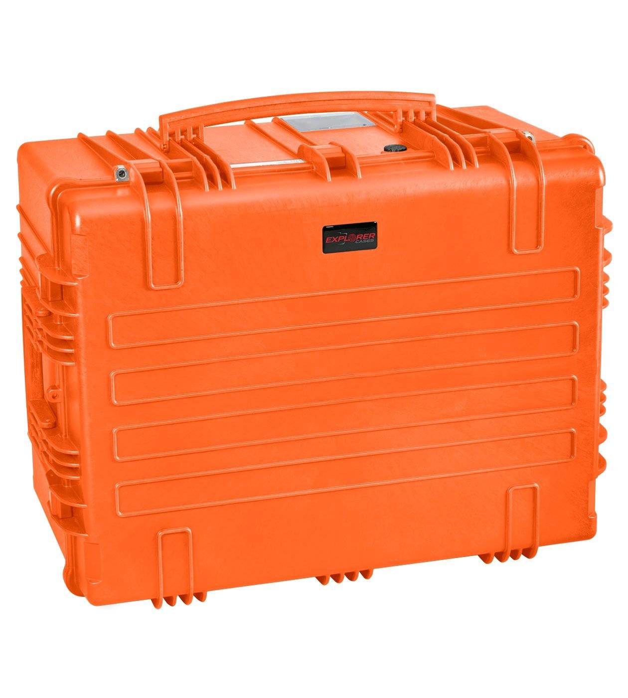 The Explorer 7745 is a large, hard-shell orange polypropylene case with a handle, latches, horizontal ridges, and a central “Explorer” logo—ideal as a waterproof case for protective equipment.