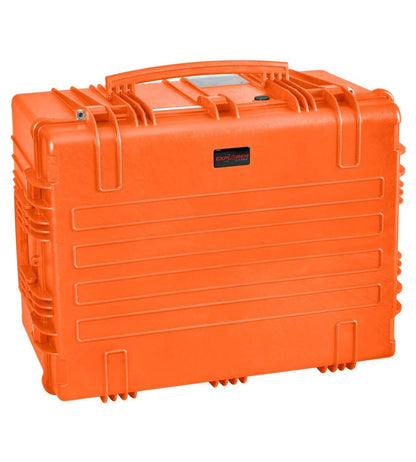 The Explorer 7745 is a large, hard-shell orange polypropylene case with a handle, latches, horizontal ridges, and a central “Explorer” logo—ideal as a waterproof case for protective equipment.