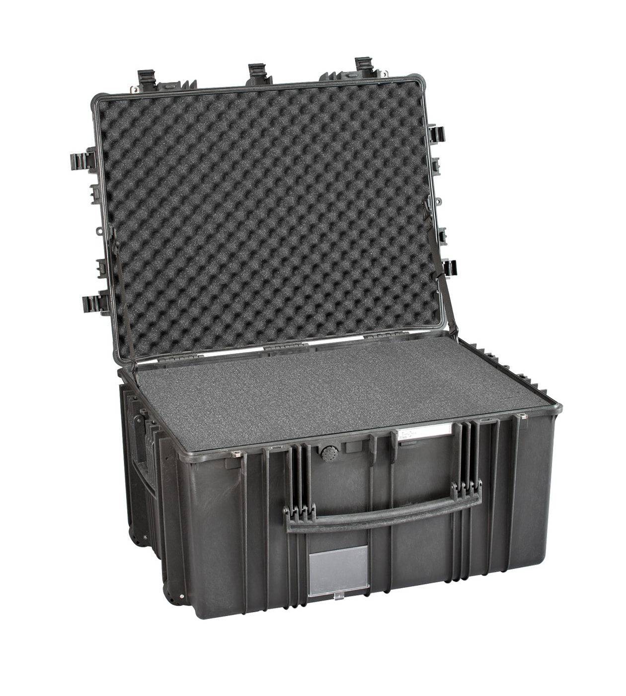The Explorer 7745, a large black polypropylene protective equipment case with foam padding, is shown open on a white background.