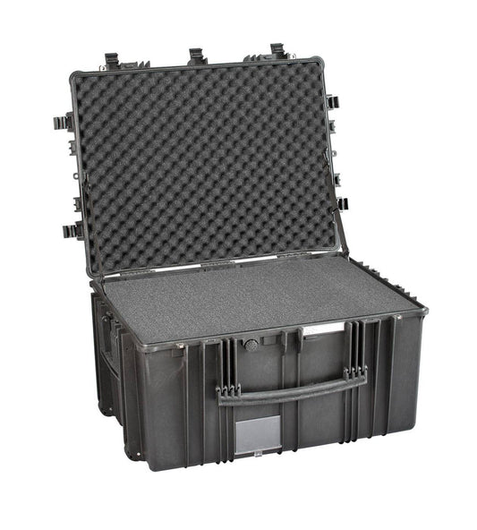 The Explorer 7745, a large black polypropylene protective equipment case with foam padding, is shown open on a white background.