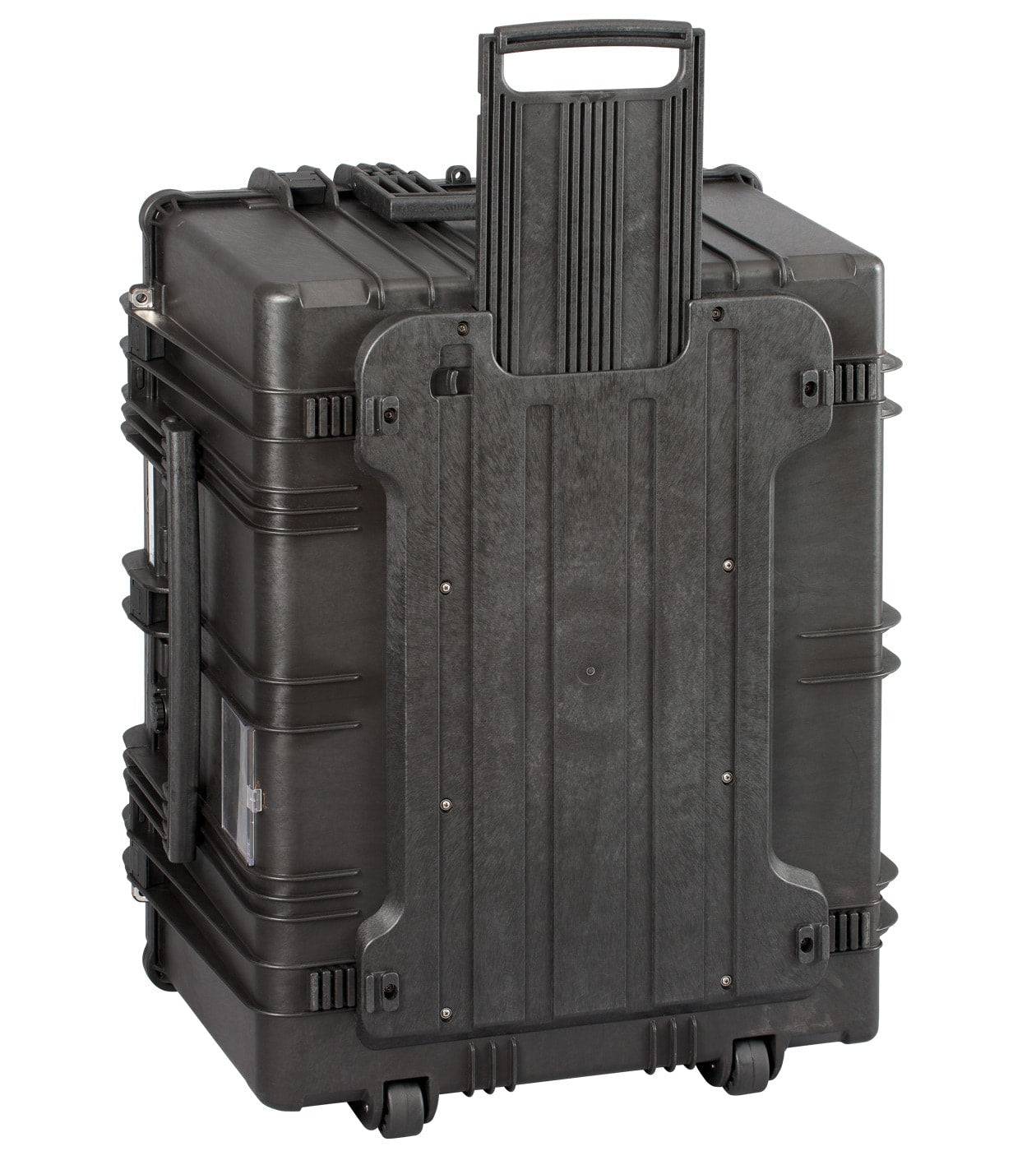 The Explorer 7745 is a large black hard-shell polypropylene case with a retractable handle and wheels, ideal for transporting equipment or tools.