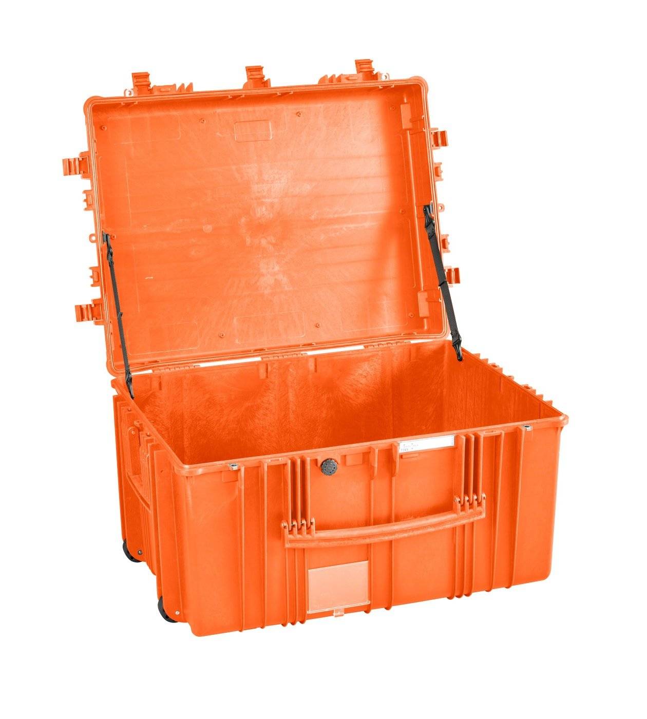 The Explorer 7745 is an open, empty orange polypropylene case with a hinged lid, side handles, and reinforced edges—ideal as a protective equipment case.