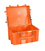 The Explorer 7745 is an open, empty orange polypropylene case with a hinged lid, side handles, and reinforced edges—ideal as a protective equipment case.