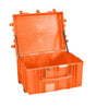 The Explorer 7745 is an open, empty orange polypropylene case with a hinged lid, side handles, and reinforced edges—ideal as a protective equipment case.