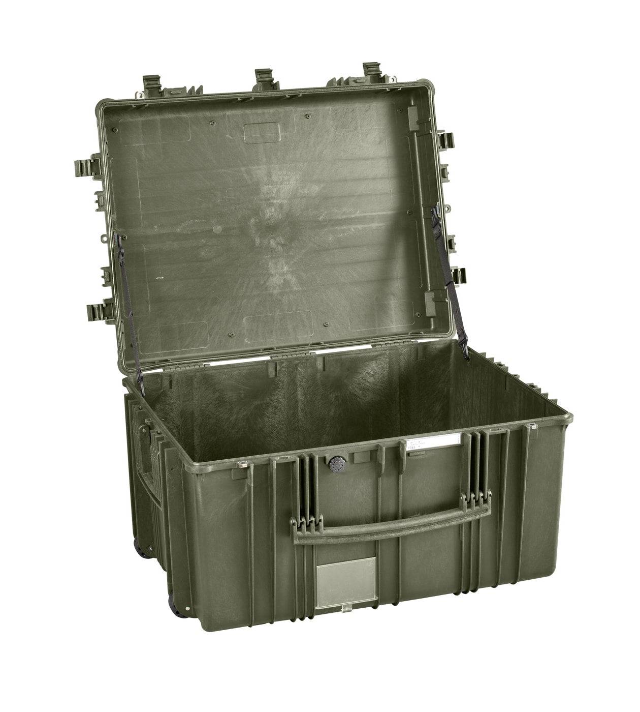 The Explorer 7745 is a large olive green polypropylene case with a hinged lid, empty interior, and sturdy front handle—perfect for protecting equipment.