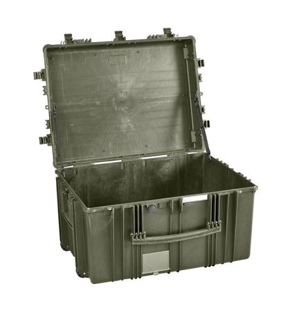 The Explorer 7745 is a large olive green polypropylene case with a hinged lid, empty interior, and sturdy front handle—perfect for protecting equipment.