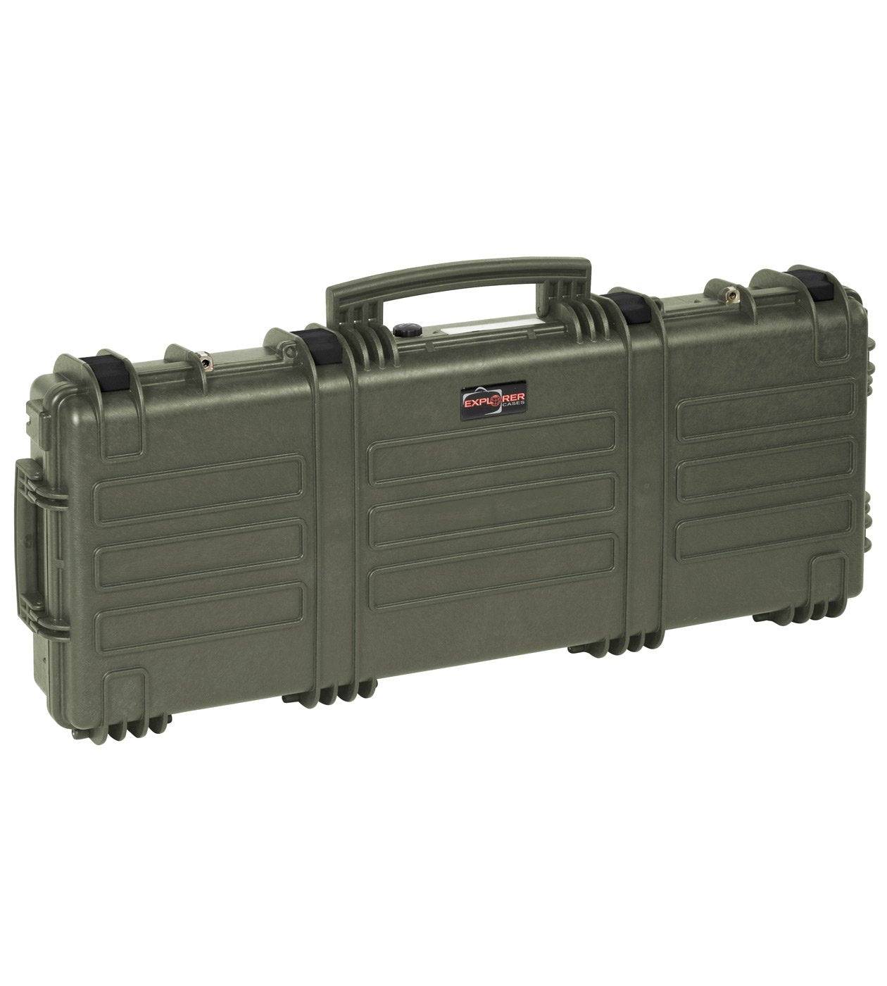 The Explorer 9413 is a green hard-shell gun case with a handle, secure latches, and stainless steel reinforced corners for safe firearm storage and transport. An optional foam interior offers customizable protection.