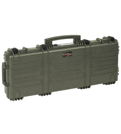 The Explorer 9413 is a green hard-shell gun case with a handle, secure latches, and stainless steel reinforced corners for safe firearm storage and transport. An optional foam interior offers customizable protection.