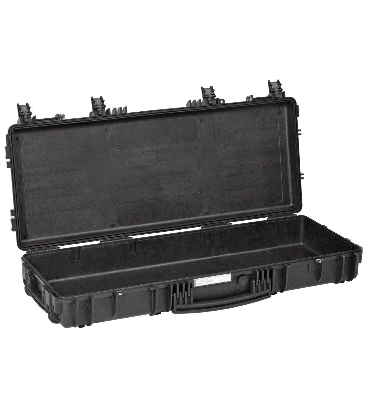 The Explorer 9413 is a black hard-shell waterproof case with an open lid, empty interior, stainless steel reinforced corners, foam lining, and secure latches—ideal for safe equipment transport.