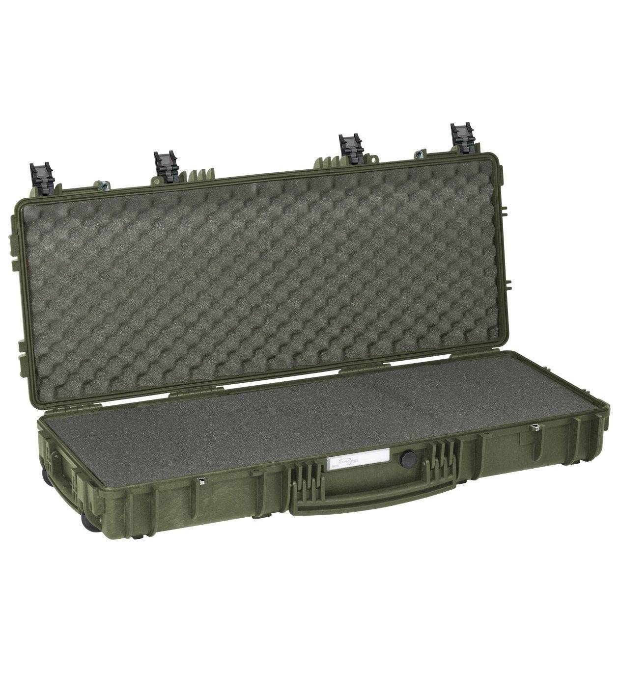 The Explorer 9413 is an open, green hard-shell waterproof case with foam padding and stainless steel reinforced edges, ideal for securely transporting equipment or instruments.