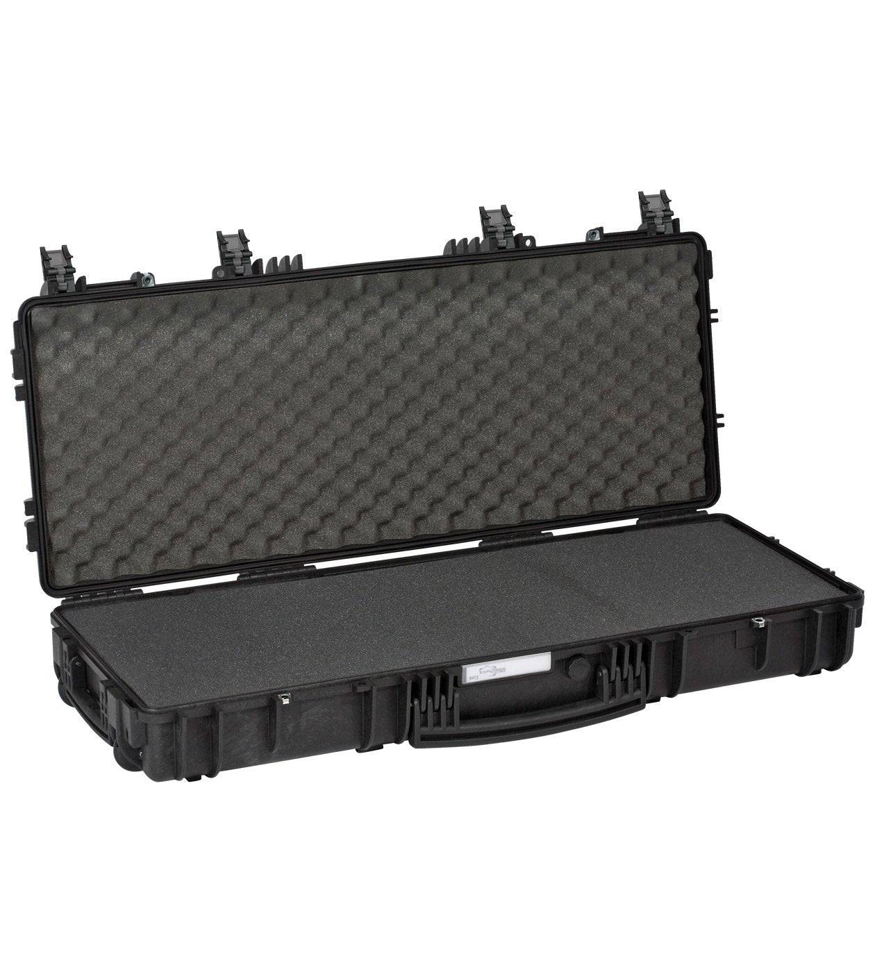 The Explorer 9413 is a black hard-shell waterproof case with optional foam interior and egg-crate padding, displayed open on a white background.