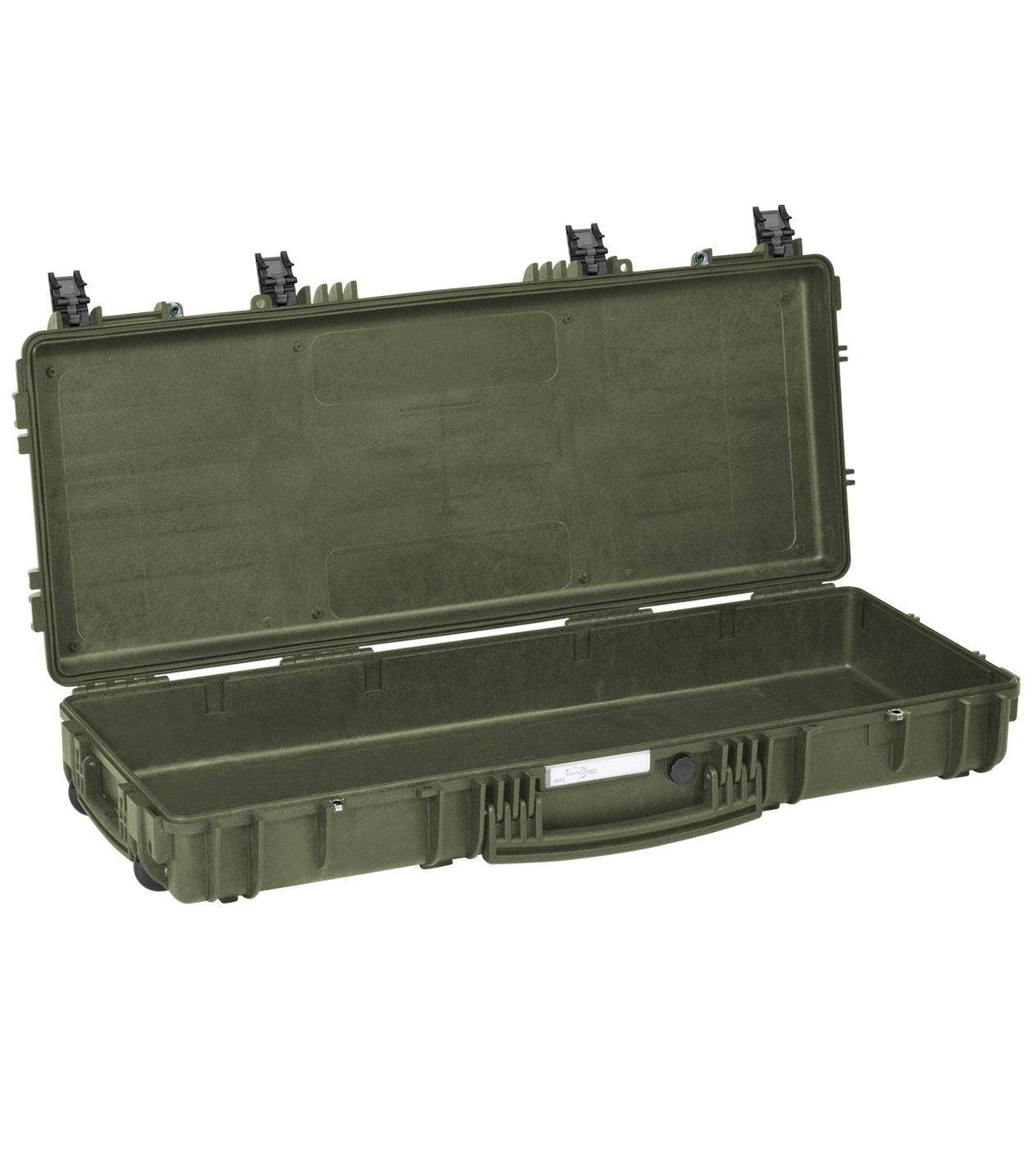 The Explorer 9413 is an open, empty, green hard-shell protective case with a stainless steel reinforced handle and four latches, shown on a white background.