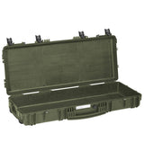 The Explorer 9413 is an open, empty, green hard-shell protective case with a stainless steel reinforced handle and four latches, shown on a white background.