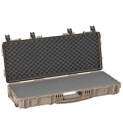 The Explorer 9413 is a hard-shell waterproof case with stainless steel reinforced edges, featuring egg-crate padding in the lid and flat foam lining in the base for secure storage and transport.