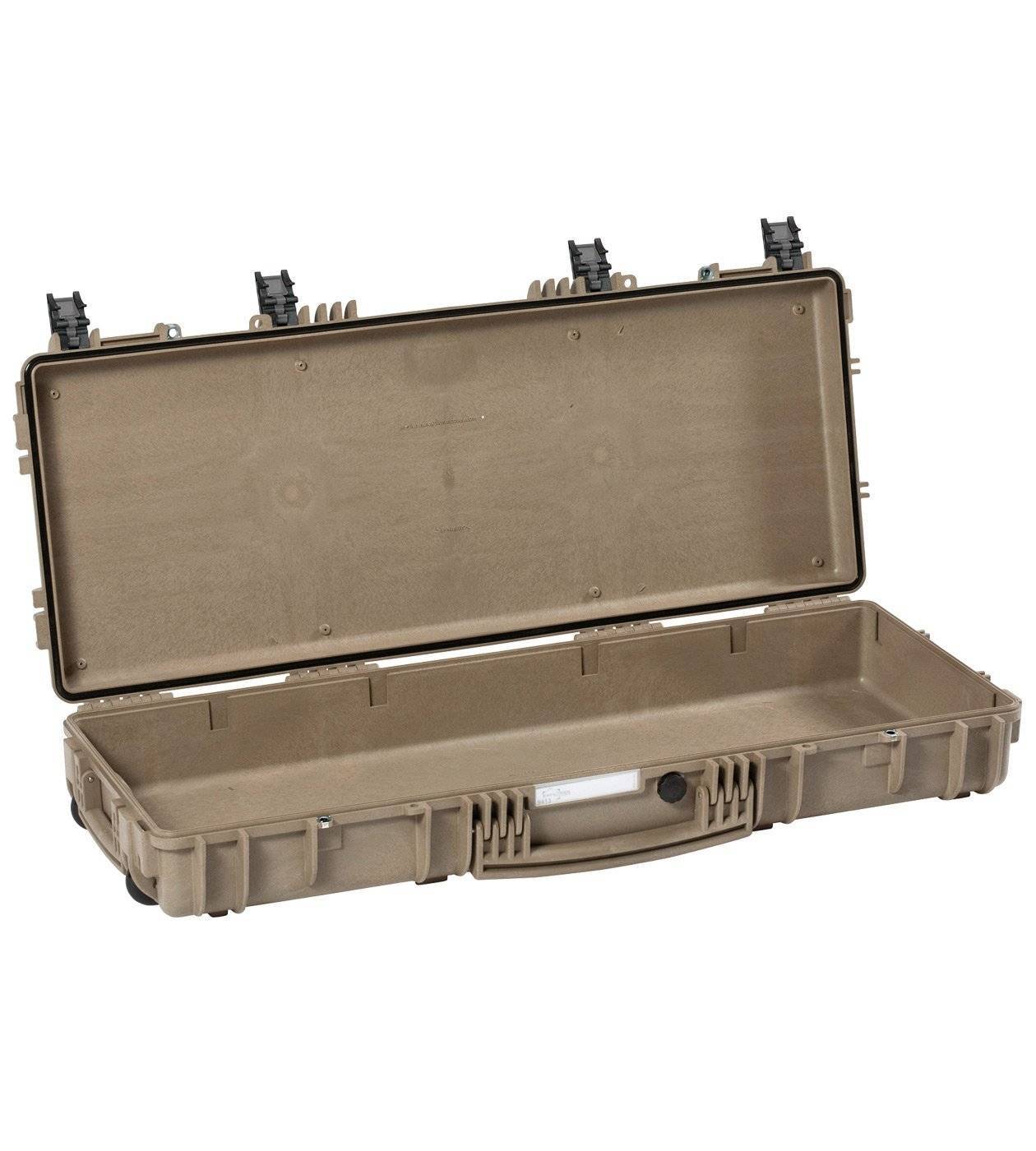 The Explorer 9413 is a tan hard-shell waterproof case shown open with an empty interior, visible latches and handle; optional foam inserts offer extra protection.